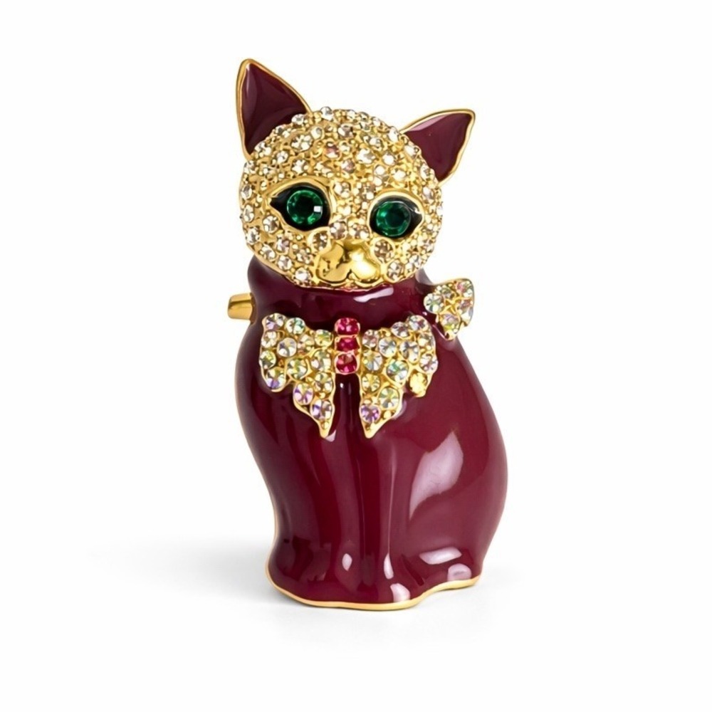 Rhinestone Cat Metal Brooch Burgandy Enamel Gold Tone Green Eyes Pin 1.5"